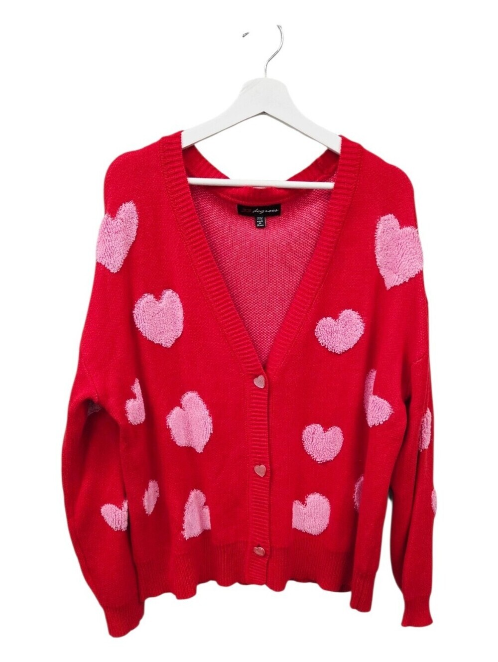33 Degrees Red V-Neck Sweater Cardigan with Pink Heart Appliqués Xxl